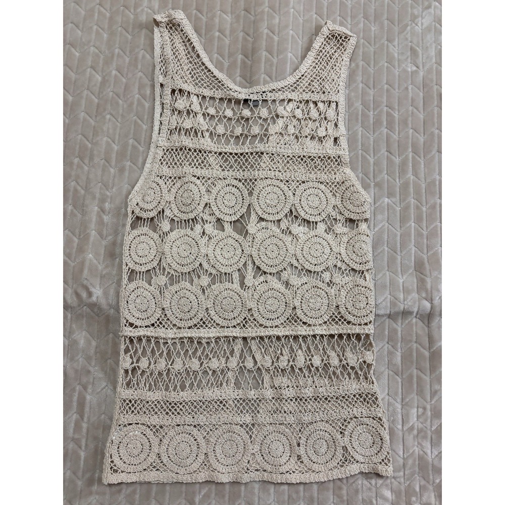 YAIRA Cotton Crochet Duster Open Front Cardigan Tank Top M Coastal Cottagecore - Picture 11 of 13